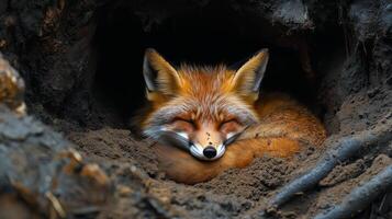Red fox resting peacefully in its burrow during the day in a natural habitat photo