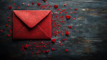Red envelope surrounded by small heart decorations on wooden surface for romantic occasion photo