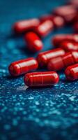 Red capsules scattered on a vibrant blue surface highlighting texture and detail photo