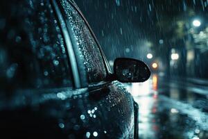 Raindrops glisten on a parked car during a nighttime storm in an urban setting photo