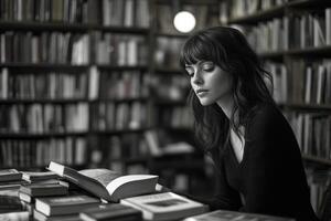 Reading in a quiet library filled with books during the afternoon photo