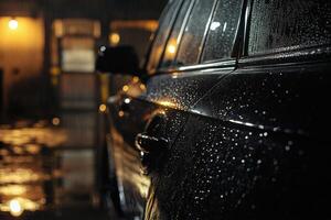 Raindrops glisten on a parked car during a nighttime storm in an urban setting photo