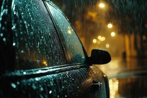 Raindrops glisten on a parked car during a nighttime storm in an urban setting photo