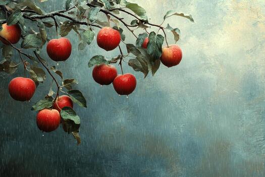 Red apples hang from branches with rain cascading in a lush forest setting photo