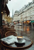 Rainy morning in a Paris cafe with coffee and newspaper on a wooden table photo