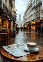 Rainy morning in a Paris cafe with coffee and newspaper on a wooden table photo