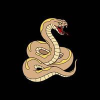 A stylized illustration of a tan snake with yellow accents coiled and displaying its fangs against a black background. vector