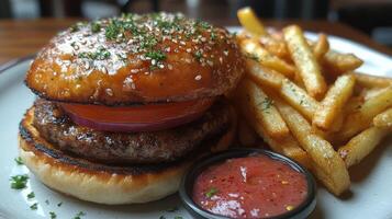 Juicy burger with crispy fries served at a casual dining restaurant during lunch hour photo