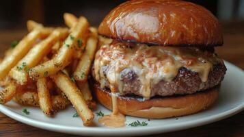 Juicy burger with crispy fries served at a casual dining restaurant during lunch hour photo