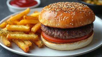 Juicy burger with crispy fries served at a casual dining restaurant during lunch hour photo