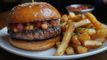 Juicy burger with crispy fries served at a casual dining restaurant during lunch hour photo