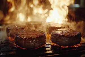 Juicy hamburgers sizzling on the grill with flames and smoke rising at a summer barbecue photo