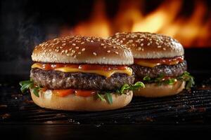 Juicy hamburgers sizzling on the grill with flames and smoke rising at a summer barbecue photo
