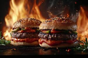 Juicy hamburgers sizzling on the grill with flames and smoke rising at a summer barbecue photo