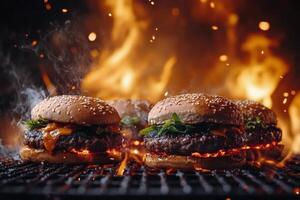 Juicy hamburgers sizzling on the grill with flames and smoke rising at a summer barbecue photo