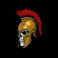 The image depicts a skull wearing a golden Spartan helmet adorned with a red crest a powerful and evocative symbol of ancient warfare. vector