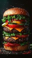 Juicy burger stacked with fresh vegetables served on a wooden table photo