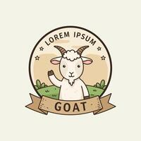 A charming cartoon goat waves hello within a circular logo design set against a pastoral backdrop. vector