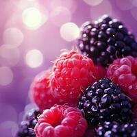 Juicy raspberries and blackberries close-up against a vibrant purple background photo