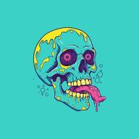A stylized illustration of a teal skull with a dripping yellow substance and a pink tongue sticking out, set against a turquoise background. vector