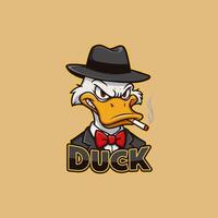 The image features a cartoon illustration of a gangster duck wearing a suit, hat, and bowtie, smoking a cigarette. vector