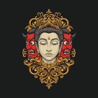 A serene Buddha face is centrally positioned within an ornate gold frame flanked by two red angry demon masks. vector