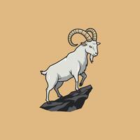 A majestic white mountain goat with large horns stands confidently atop a dark rock formation against a light brown background. vector