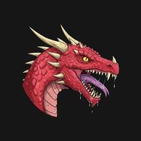 A detailed illustration showcases a red dragons head fiercely roaring with its mouth open displaying sharp teeth and horns. vector