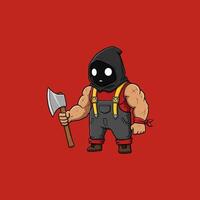 A strong cartoon character wearing a hood and overalls holds a large axe against a red background. vector