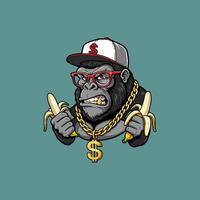 A stylish cartoon gorilla wearing a cap, glasses, and gold chains holds bananas while displaying a fierce expression. vector