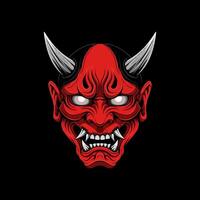 The image showcases a detailed illustration of a menacing red oni mask from Japanese mythology featuring sharp horns and glowing eyes. vector