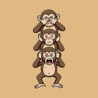 A cartoon illustration shows three monkeys stacked vertically, representing the proverb see no evil, hear no evil, speak no evil. vector