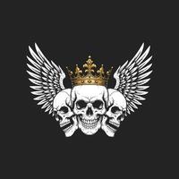 A graphic illustration depicts three skulls wearing a golden crown flanked by large wings against a black background. vector