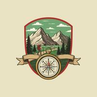 A hiker with a backpack follows a mountain trail guided by a compass in a vintage emblem design. vector