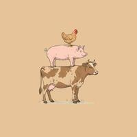 A whimsical illustration depicts a chicken perched on a pig which is balanced on a cow. vector