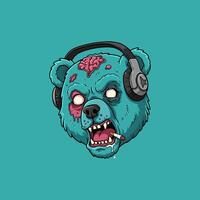 A stylized illustration of a teal zombie bear wearing headphones and smoking a cigarette its expression is aggressive. vector