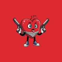 A stylized cartoon heart character, dressed as a gangster, holds two pistols. vector