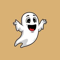 This image depicts a cheerful cartoon ghost with a wide smile and open arms floating against a beige background. vector
