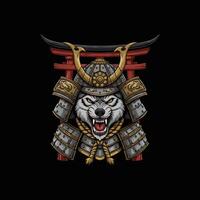 The image depicts a snarling wolf's head adorned with a traditional samurai helmet and armor set against a torii gate. vector