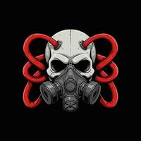A stylized skull wearing a gas mask is surrounded by red tubes, creating a dark and ominous image. vector
