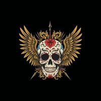 A detailed illustration of a sugar skull with wings, ornate detailing, and spears creating a striking visual. vector