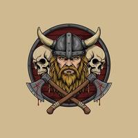 A fierce Viking warrior is depicted with crossed axes and skulls on a shield behind him, creating a powerful and intimidating image. vector
