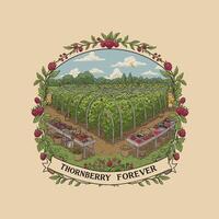 A charming illustration depicts a raspberry farm with fresh produce displayed at market stands surrounded by raspberry plants and a beehive. vector