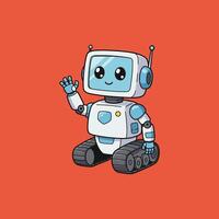 A cute cartoon robot with treads is waving hello a friendly gesture on an orange background. vector
