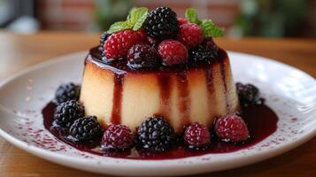 Delicious dessert with fresh berries and chocolate on a dark background photo