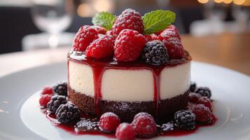 Delicious dessert with fresh berries and chocolate on a dark background photo
