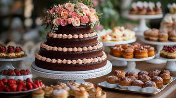 Chocolate cake decorated for a special occasion with assorted baked goods in the background photo
