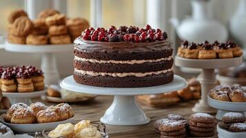 Chocolate cake decorated for a special occasion with assorted baked goods in the background photo