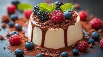 Delicious dessert with fresh berries and chocolate on a dark background photo
