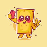 smiling cheese food character mascot taking a selfie with a smartphone isolated cartoon vector